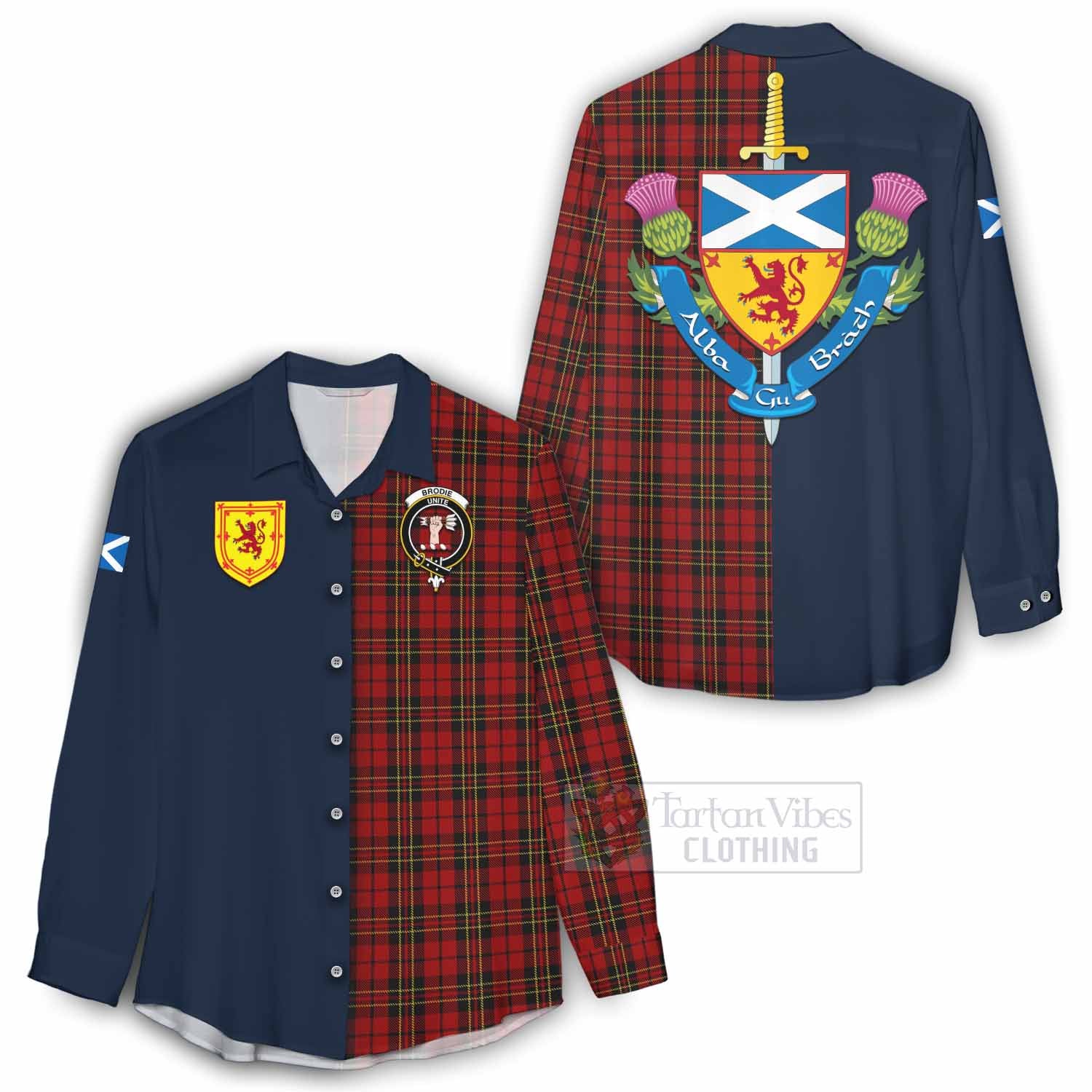 Tartan Vibes Clothing Brodie Tartan Women's Casual Shirt Alba with Scottish Lion Royal Arm Half Style