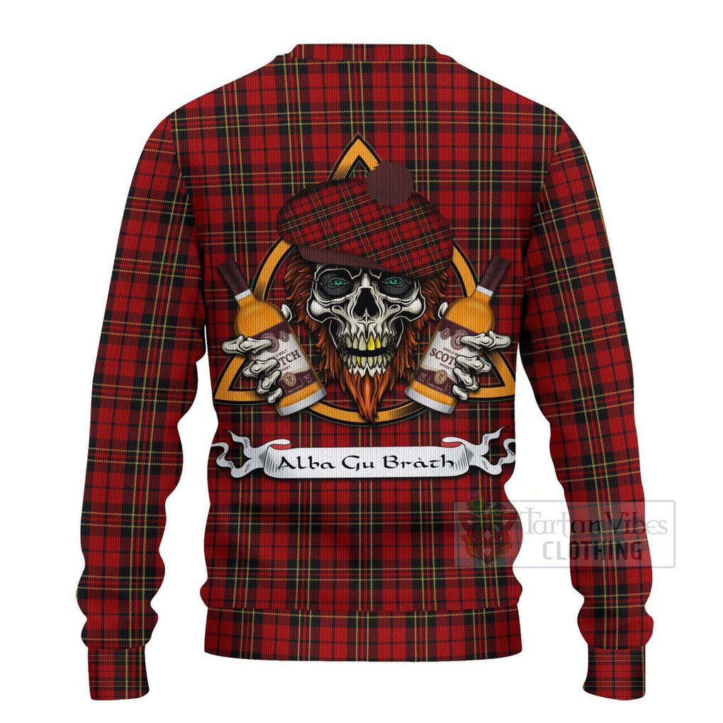 Tartan Vibes Clothing Brodie Tartan Knitted Sweater with Family Crest and Bearded Skull Holding Bottles of Whiskey