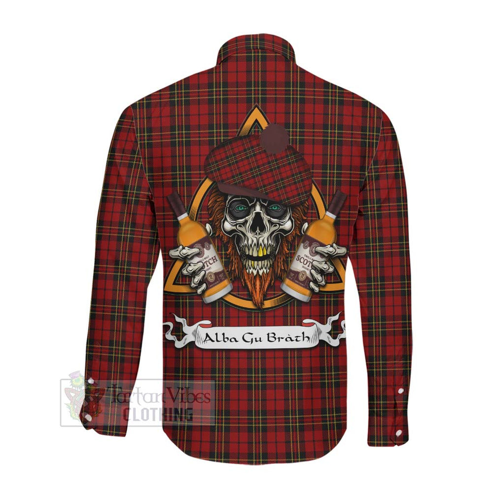 Tartan Vibes Clothing Brodie Tartan Long Sleeve Button Shirt with Family Crest and Bearded Skull Holding Bottles of Whiskey