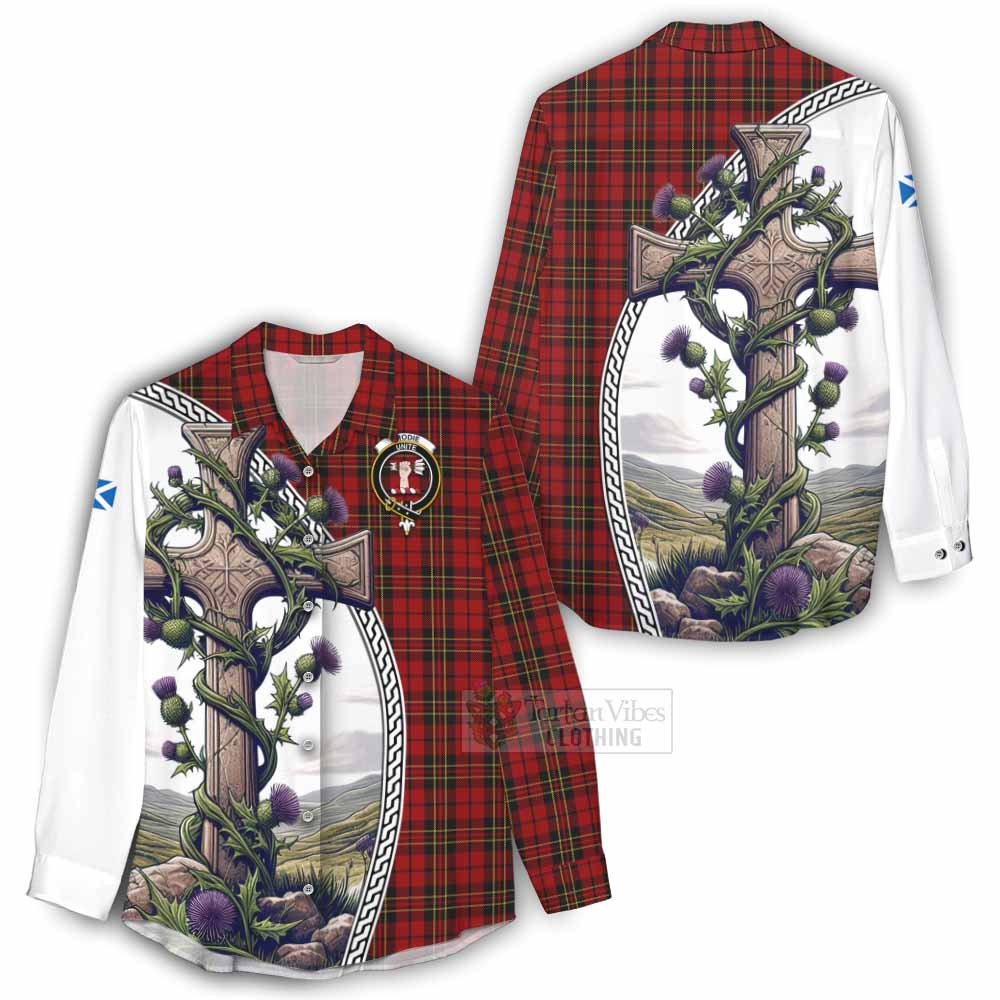 Tartan Vibes Clothing Brodie Tartan Women's Casual Shirt with Family Crest and St. Andrew's Cross Accented by Thistle Vines