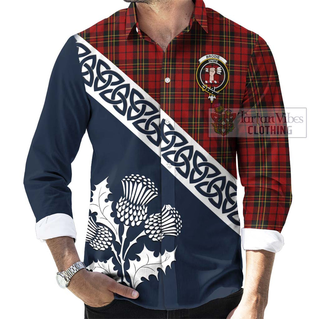 Tartan Vibes Clothing Brodie Tartan Long Sleeve Button Shirt Featuring Thistle and Scotland Map