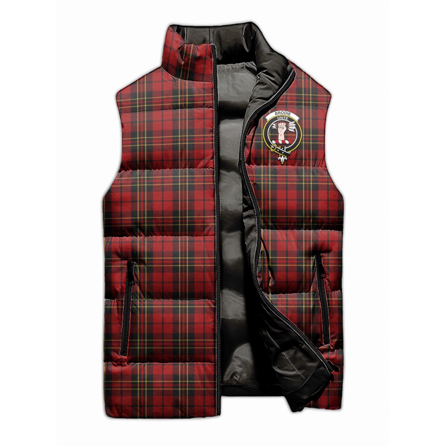 Brodie Tartan Sleeveless Puffer Jacket with Family Crest - Tartanvibesclothing