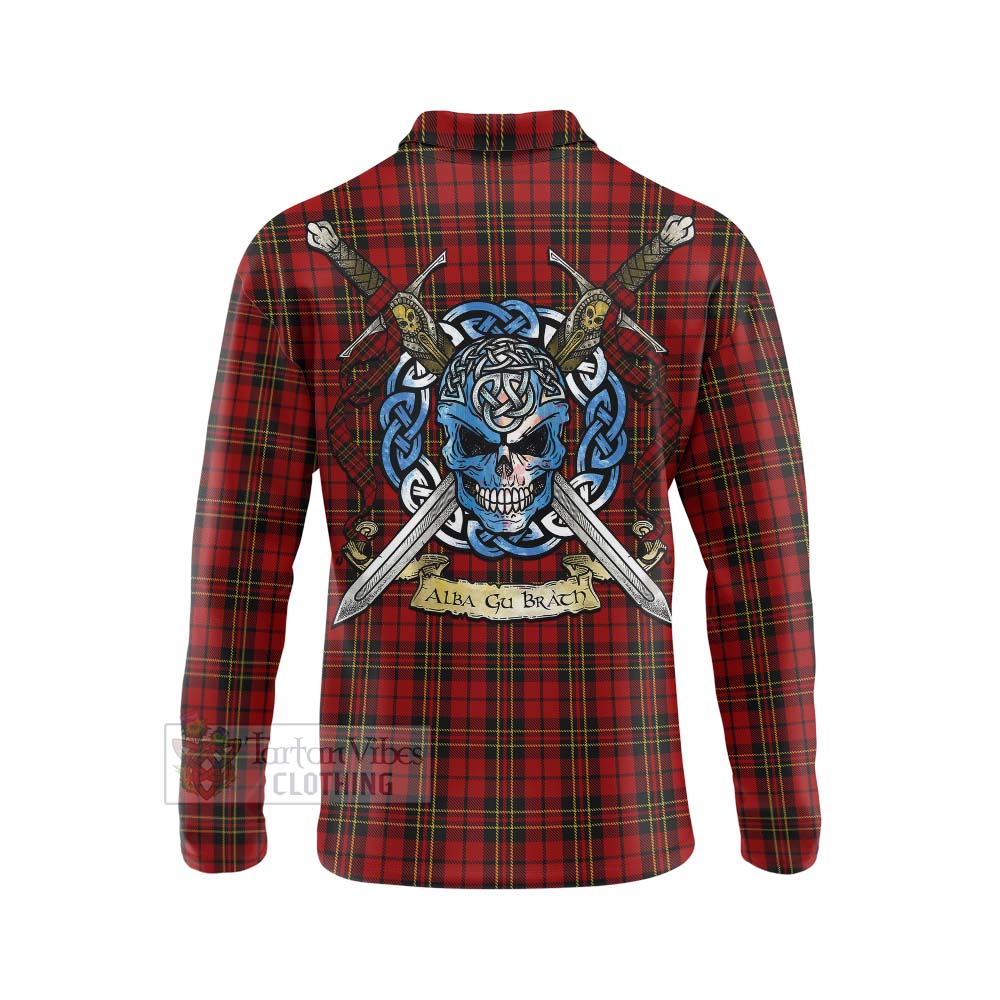 Tartan Vibes Clothing Brodie Tartan Long Sleeve Polo Shirt with Family Crest Celtic Skull Style