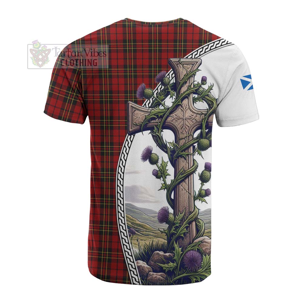 Tartan Vibes Clothing Brodie Tartan Cotton T-shirt with Family Crest and St. Andrew's Cross Accented by Thistle Vines