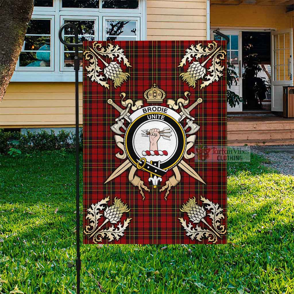 Tartan Vibes Clothing Brodie Tartan Flag with Family Crest and Golden Thistle Crossed Sword Design