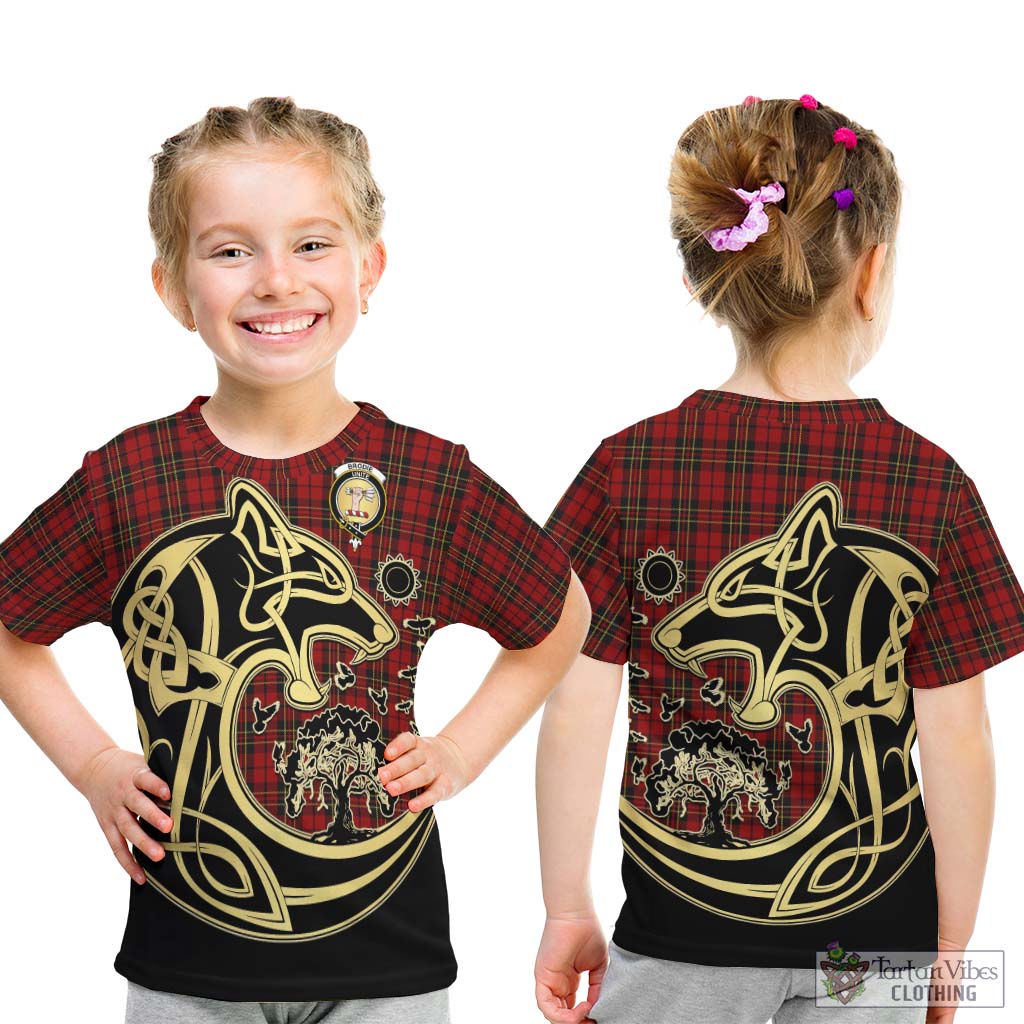 Tartan Vibes Clothing Brodie Tartan Kid T-Shirt with Family Crest Celtic Wolf Style