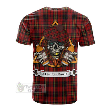 Brodie Tartan Cotton T-shirt with Family Crest and Bearded Skull Holding Bottles of Whiskey