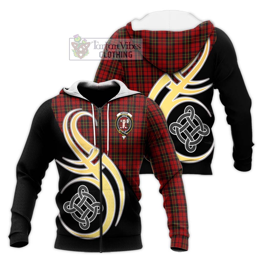 Tartan Vibes Clothing Brodie Tartan Knitted Hoodie with Family Crest and Celtic Symbol Style