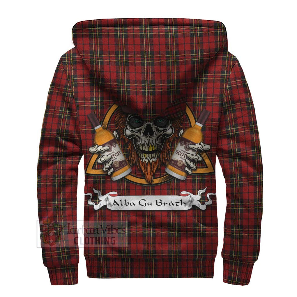 Tartan Vibes Clothing Brodie Tartan Sherpa Hoodie with Family Crest and Bearded Skull Holding Bottles of Whiskey