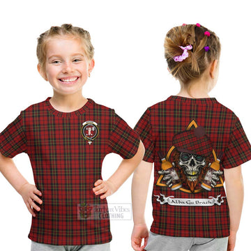 Brodie Tartan Kid T-Shirt with Family Crest and Bearded Skull Holding Bottles of Whiskey