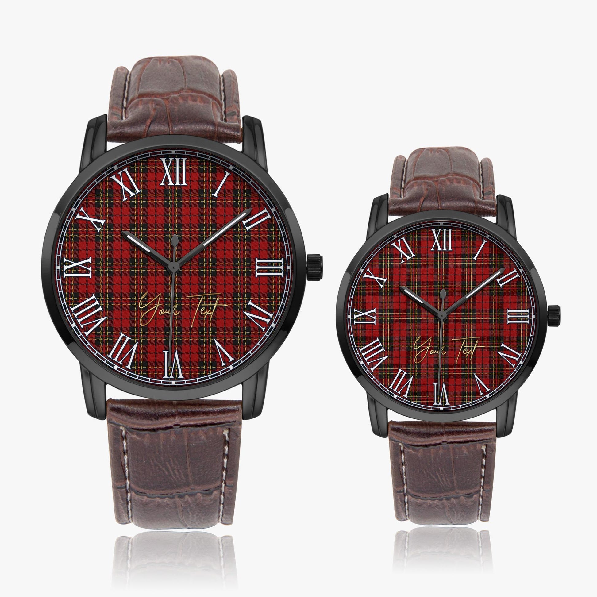 Brodie Tartan Personalized Your Text Leather Trap Quartz Watch Wide Type Black Case With Brown Leather Strap - Tartanvibesclothing