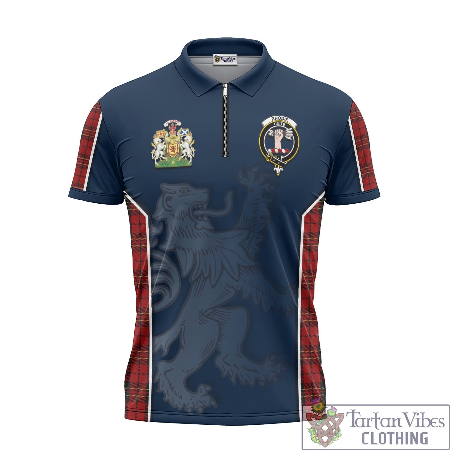 Tartan Vibes Clothing Brodie Tartan Zipper Polo Shirt with Family Crest and Lion Rampant Vibes Sport Style