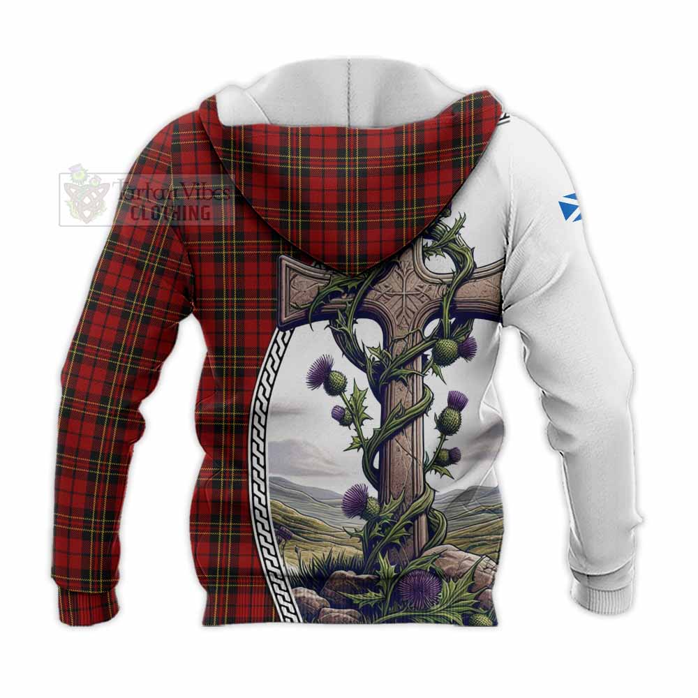 Tartan Vibes Clothing Brodie Tartan Knitted Hoodie with Family Crest and St. Andrew's Cross Accented by Thistle Vines