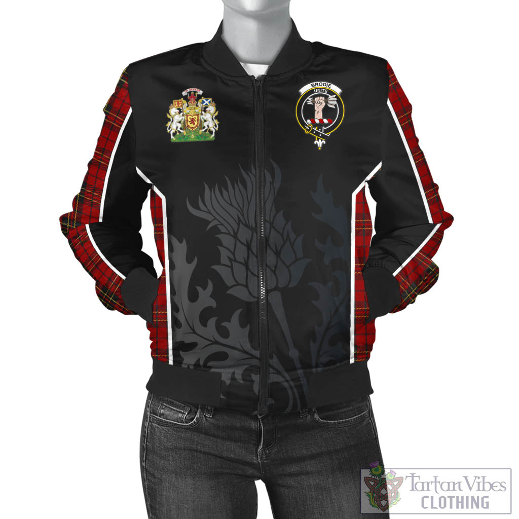 Tartan Vibes Clothing Brodie Tartan Bomber Jacket with Family Crest and Scottish Thistle Vibes Sport Style