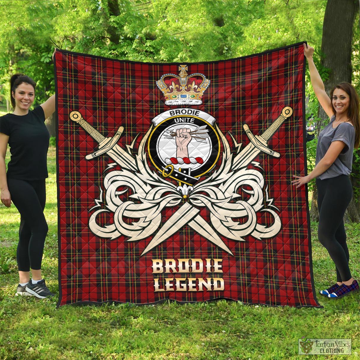 Tartan Vibes Clothing Brodie Tartan Quilt with Clan Crest and the Golden Sword of Courageous Legacy