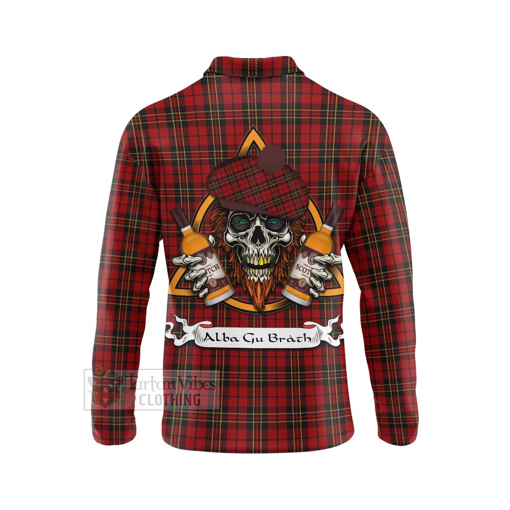 Tartan Vibes Clothing Brodie Tartan Long Sleeve Polo Shirt with Family Crest and Bearded Skull Holding Bottles of Whiskey