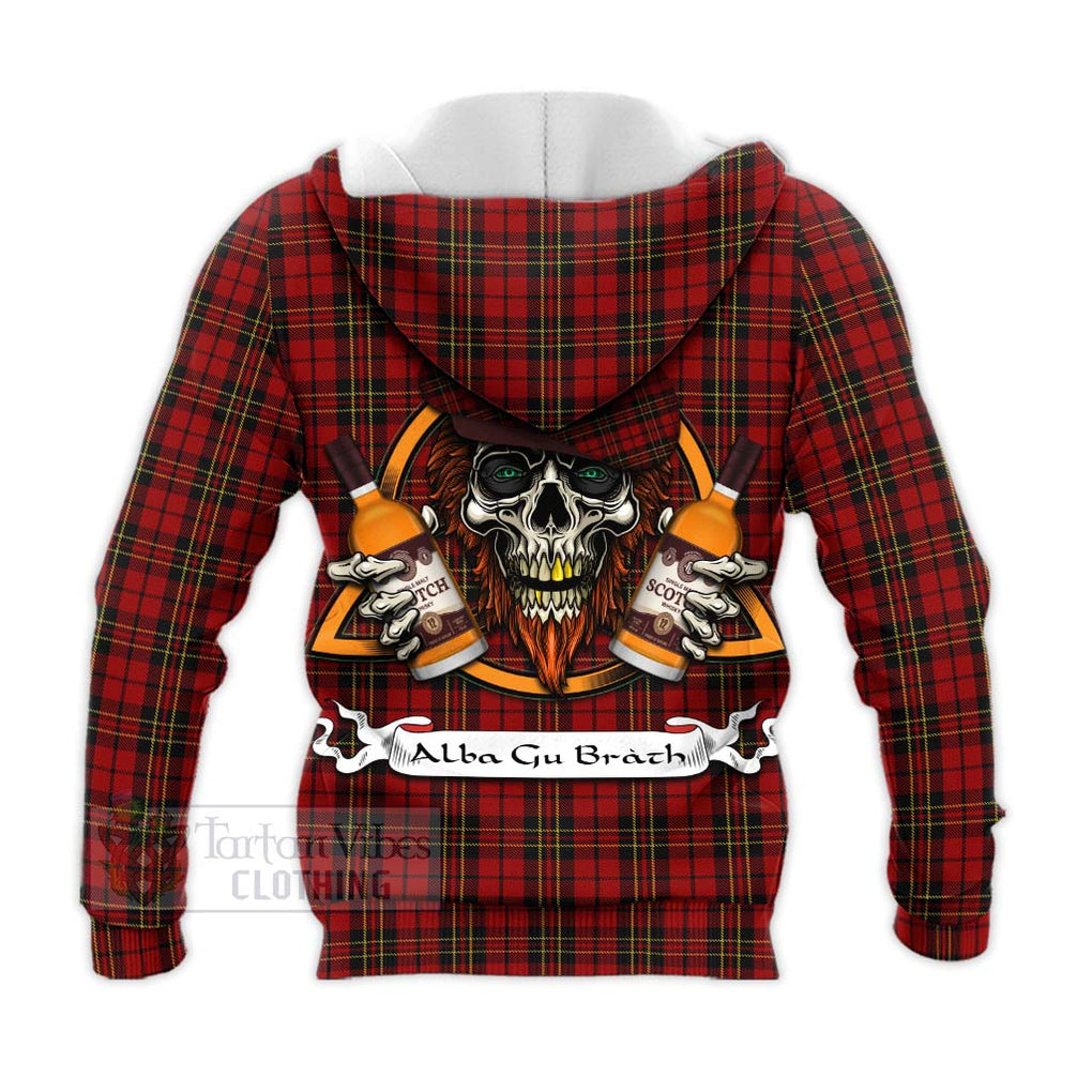 Tartan Vibes Clothing Brodie Tartan Knitted Hoodie with Family Crest and Bearded Skull Holding Bottles of Whiskey