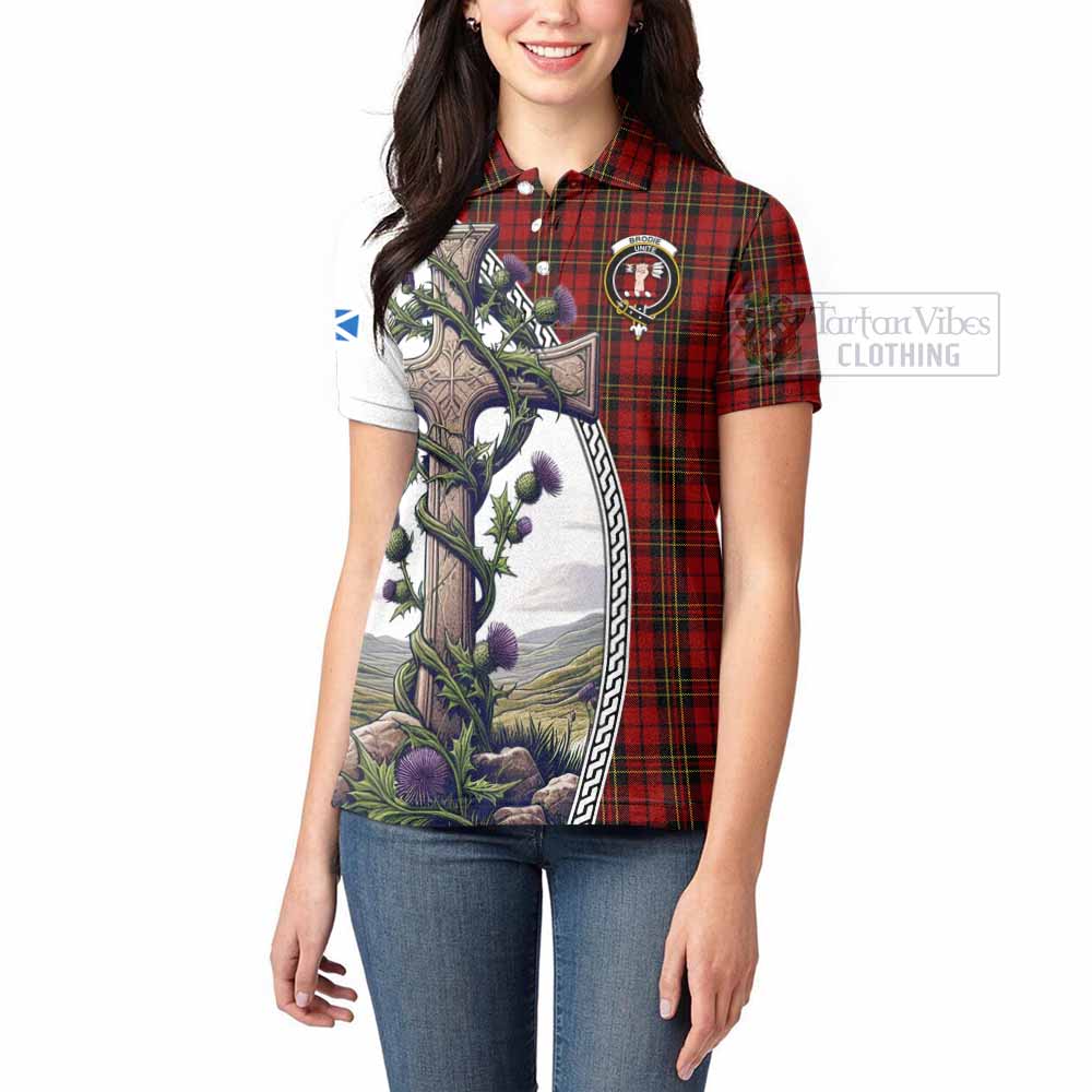 Tartan Vibes Clothing Brodie Tartan Women's Polo Shirt with Family Crest and St. Andrew's Cross Accented by Thistle Vines