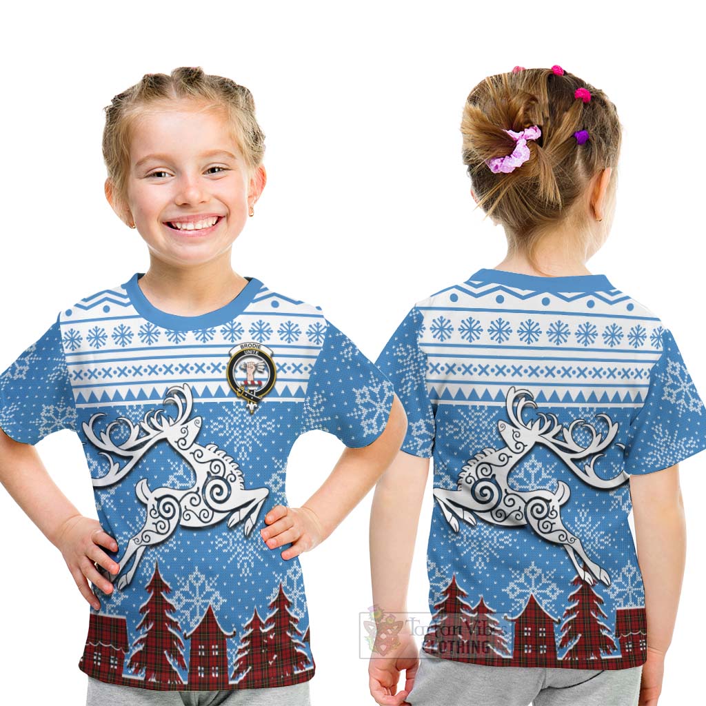 Tartan Vibes Clothing Brodie Clan Christmas Kid T-Shirt Celtic Reindeer Style