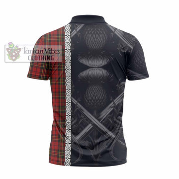 Brodie Tartan Zipper Polo Shirt with Family Crest Cross Sword Thistle Celtic Vibes