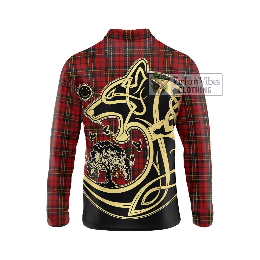 Tartan Vibes Clothing Brodie Tartan Long Sleeve Polo Shirt with Family Crest Celtic Wolf Style