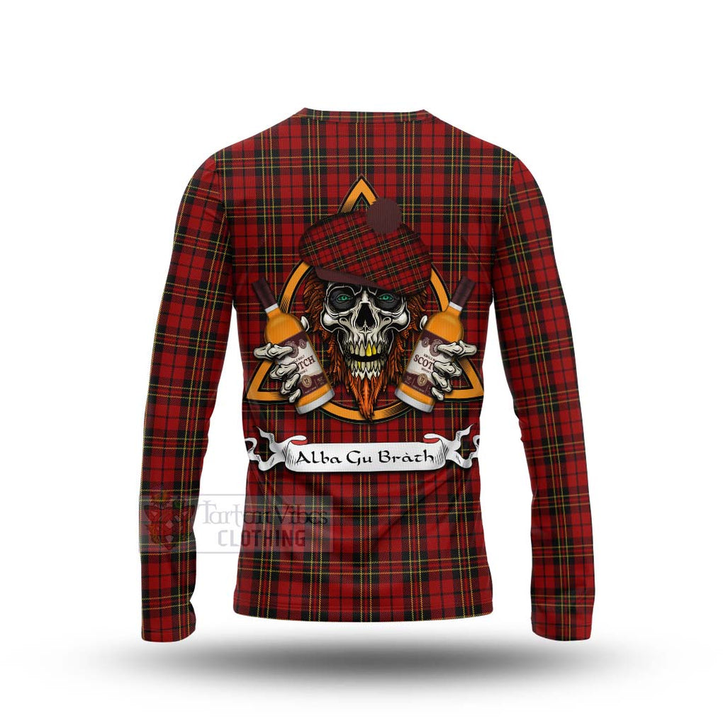 Tartan Vibes Clothing Brodie Tartan Long Sleeve T-Shirt with Family Crest and Bearded Skull Holding Bottles of Whiskey