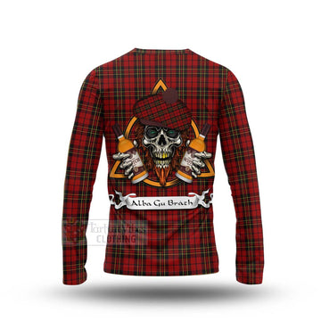 Brodie Tartan Long Sleeve T-Shirt with Family Crest and Bearded Skull Holding Bottles of Whiskey