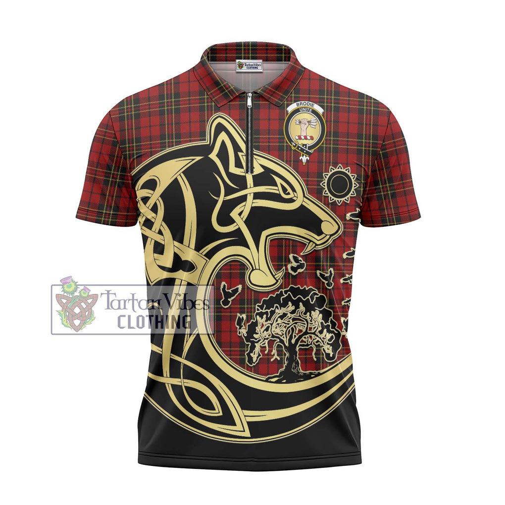 Brodie Tartan Zipper Polo Shirt with Family Crest Celtic Wolf Style - Tartanvibesclothing Shop