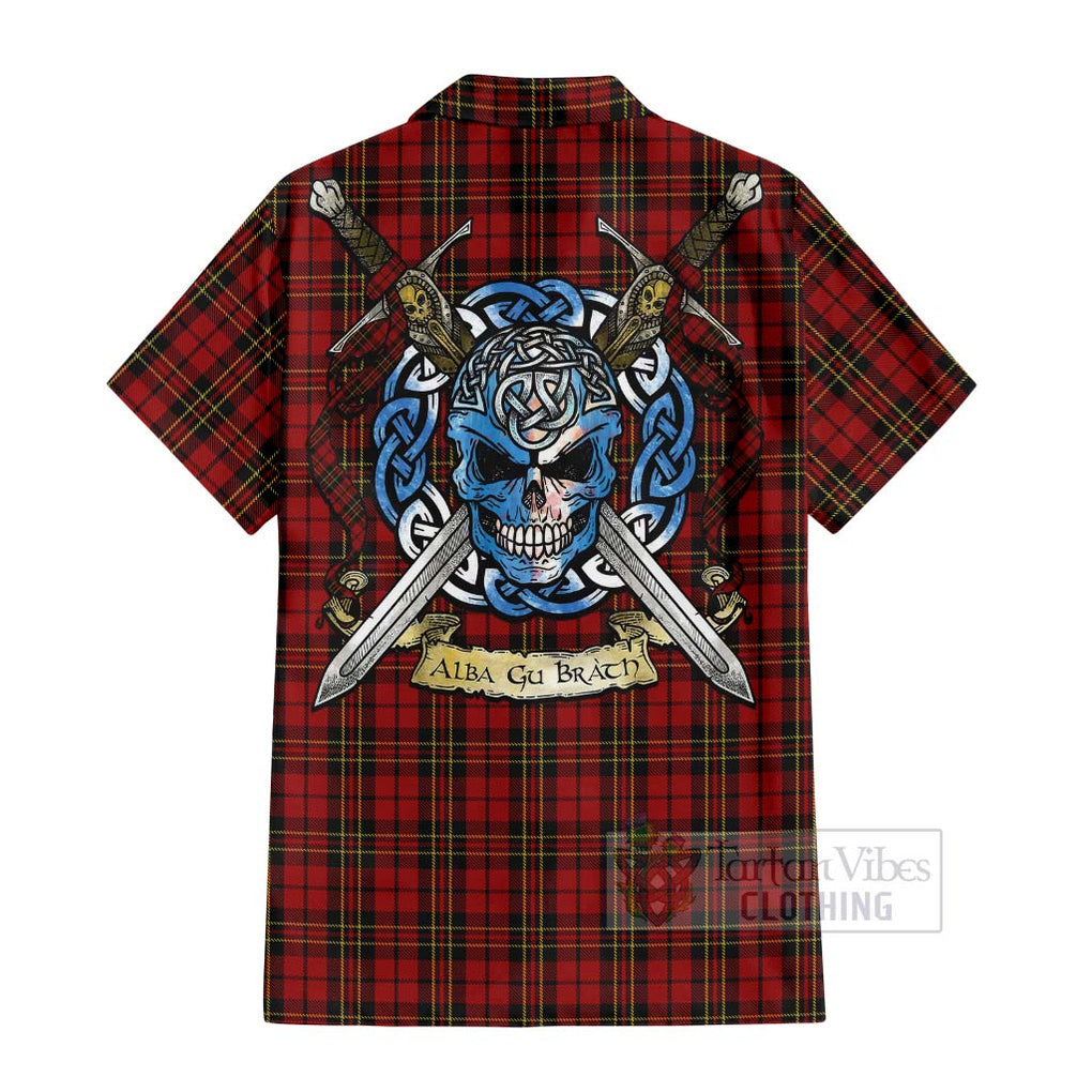 Tartan Vibes Clothing Brodie Tartan Short Sleeve Button Shirt with Family Crest Celtic Skull Style