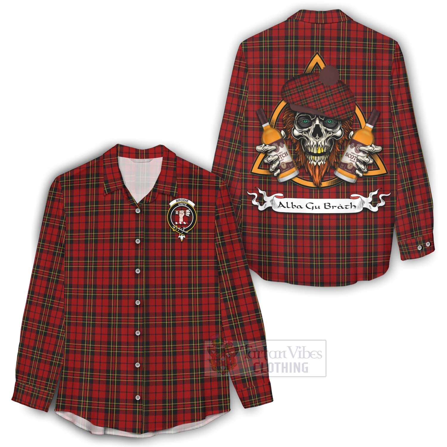 Tartan Vibes Clothing Brodie Tartan Women's Casual Shirt with Family Crest and Bearded Skull Holding Bottles of Whiskey