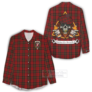 Brodie Tartan Women's Casual Shirt with Family Crest and Bearded Skull Holding Bottles of Whiskey