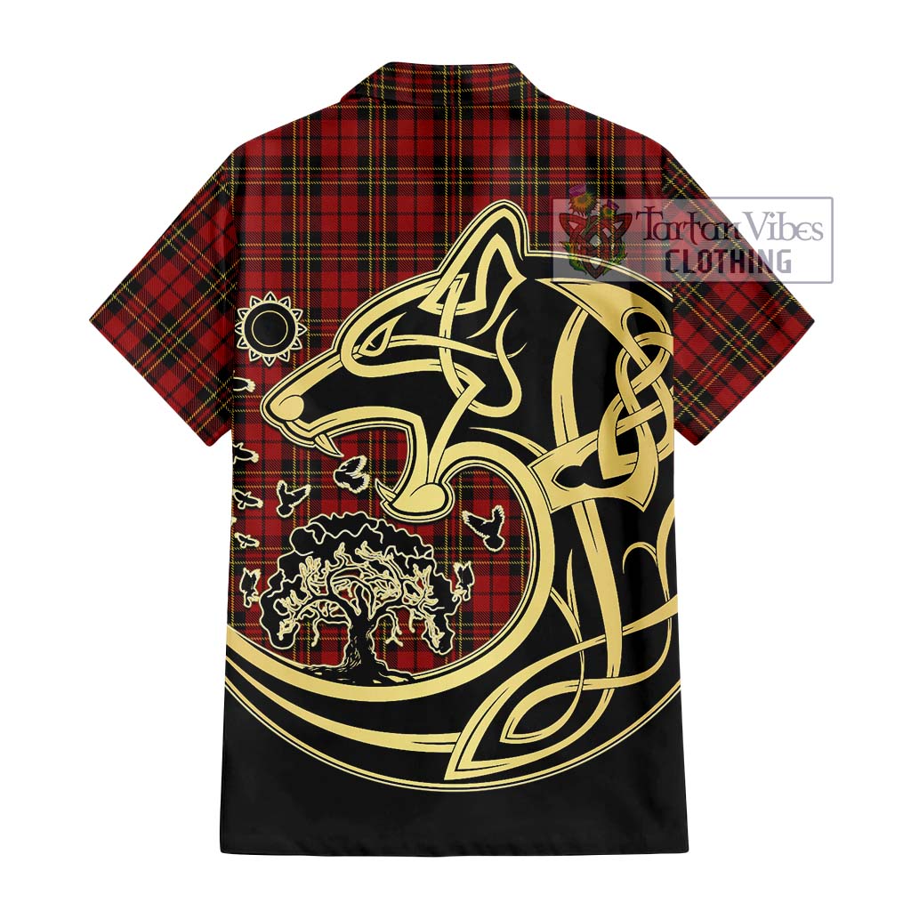 Tartan Vibes Clothing Brodie Tartan Short Sleeve Button Shirt with Family Crest Celtic Wolf Style