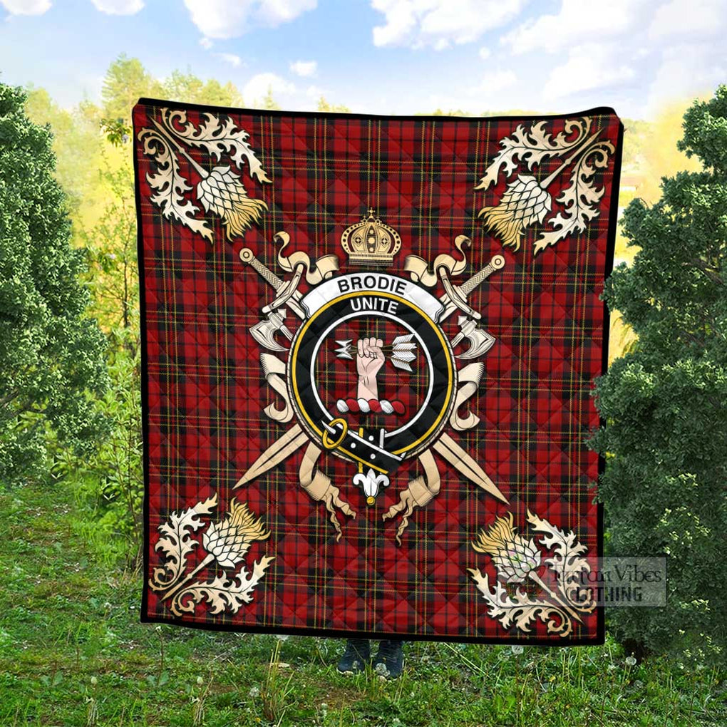 Tartan Vibes Clothing Brodie Tartan Quilt with Family Crest and Scottish Golden Courage Shield