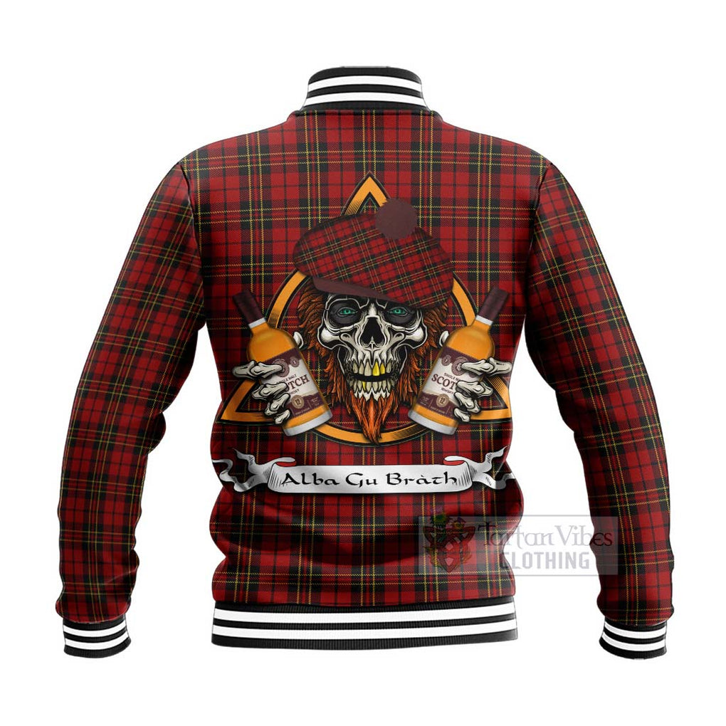 Tartan Vibes Clothing Brodie Tartan Baseball Jacket with Family Crest and Bearded Skull Holding Bottles of Whiskey