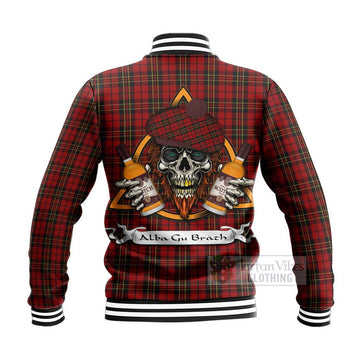 Brodie Tartan Baseball Jacket with Family Crest and Bearded Skull Holding Bottles of Whiskey