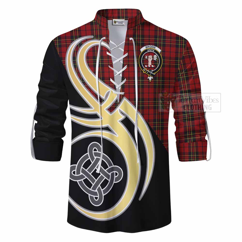 Tartan Vibes Clothing Brodie Tartan Ghillie Kilt Shirt with Family Crest and Celtic Symbol Style