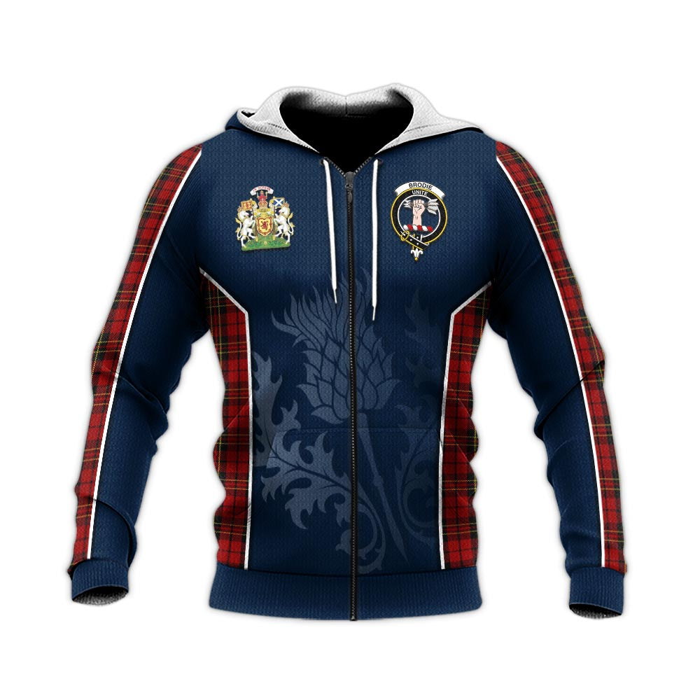 Tartan Vibes Clothing Brodie Tartan Knitted Hoodie with Family Crest and Scottish Thistle Vibes Sport Style