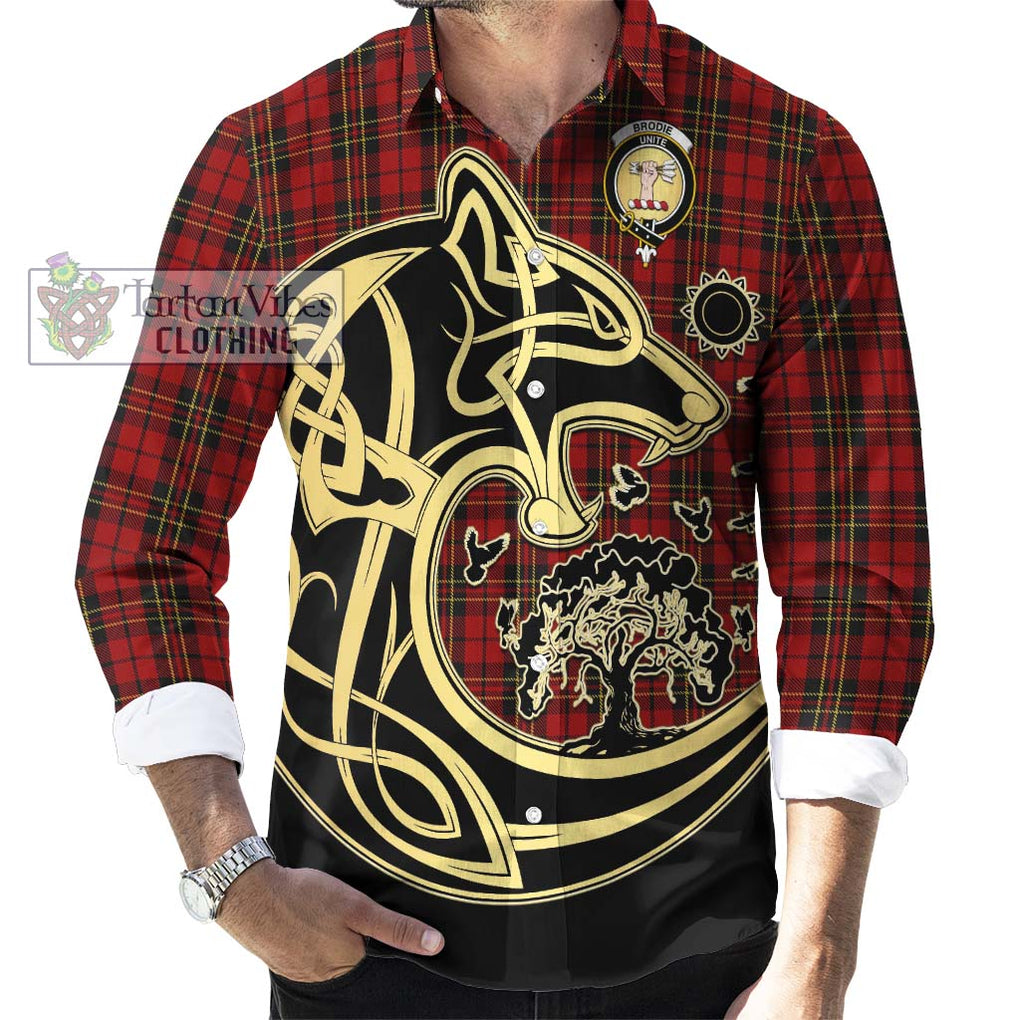 Brodie Tartan Long Sleeve Button Shirt with Family Crest Celtic Wolf Style - Tartan Vibes Clothing