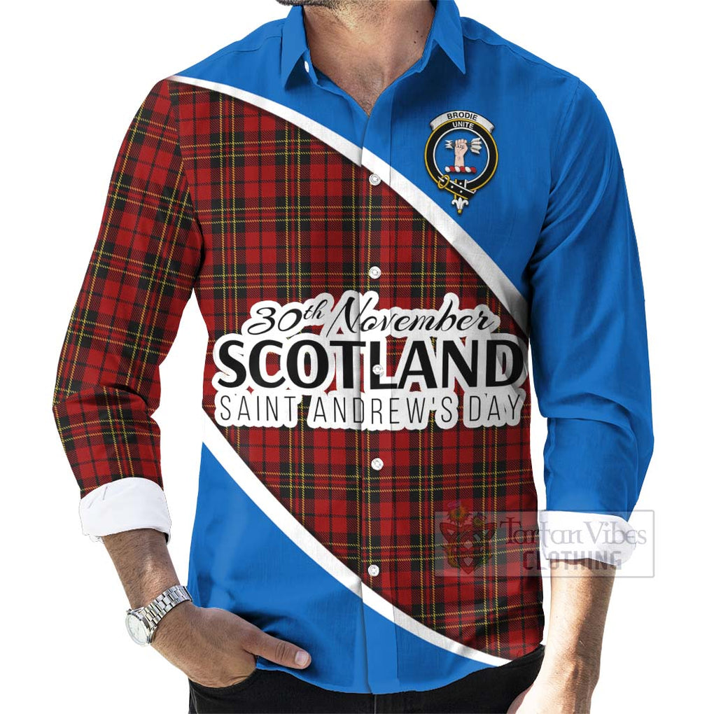 Tartan Vibes Clothing Brodie Family Crest Tartan Long Sleeve Button Shirt Celebrate Saint Andrew's Day in Style