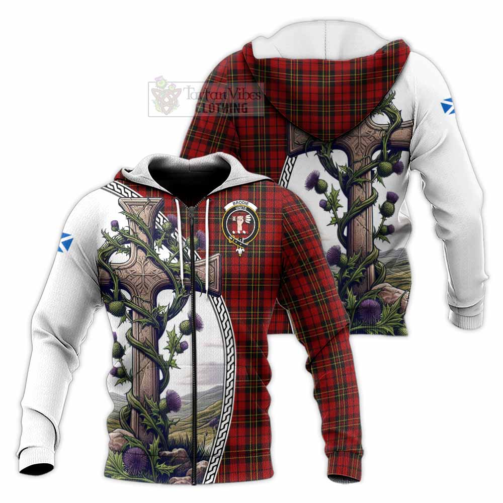 Tartan Vibes Clothing Brodie Tartan Knitted Hoodie with Family Crest and St. Andrew's Cross Accented by Thistle Vines