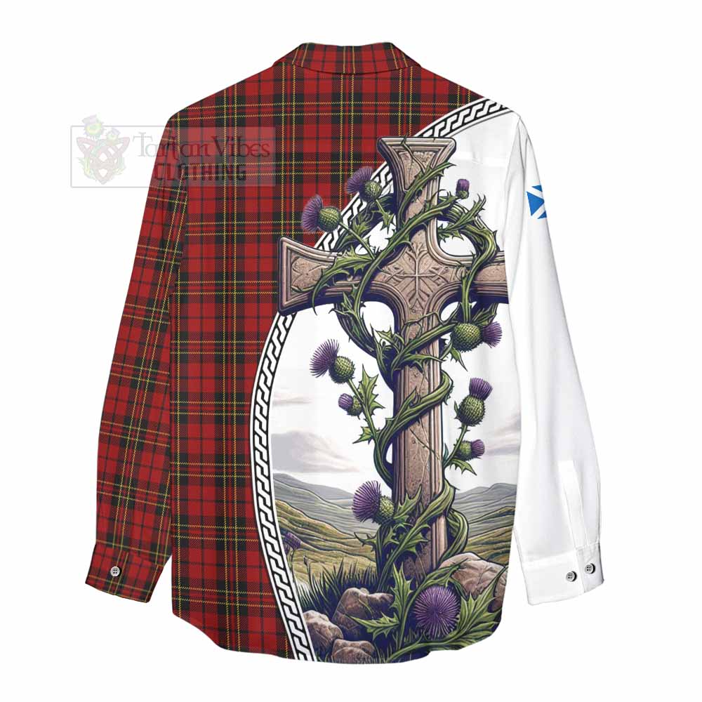 Tartan Vibes Clothing Brodie Tartan Women's Casual Shirt with Family Crest and St. Andrew's Cross Accented by Thistle Vines