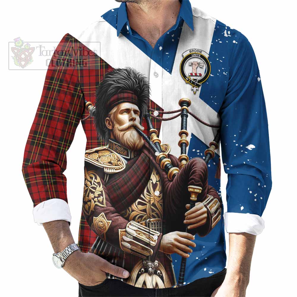 Tartan Vibes Clothing Brodie Tartan Long Sleeve Button Shirt with Family Crest Scottish Bagpiper Vibes