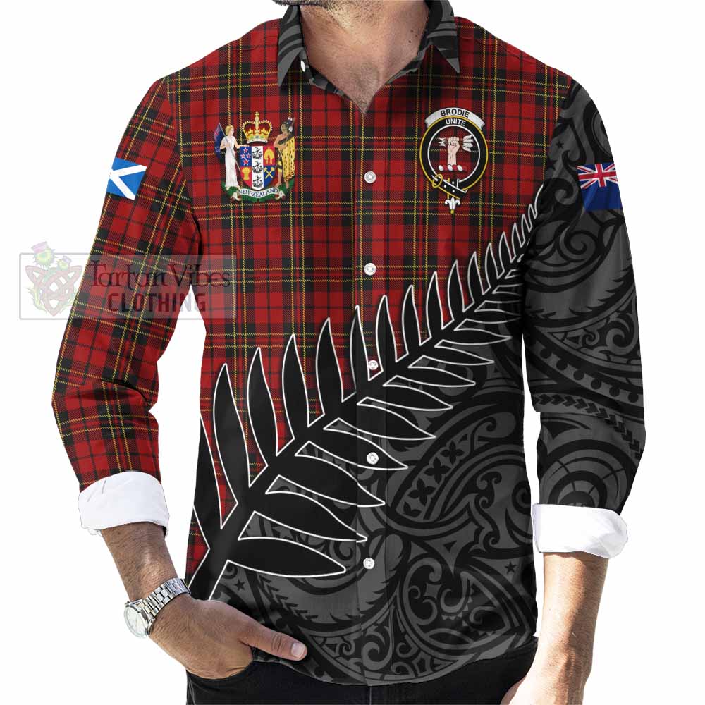 Tartan Vibes Clothing Brodie Crest Tartan Long Sleeve Button Shirt with New Zealand Silver Fern Half Style