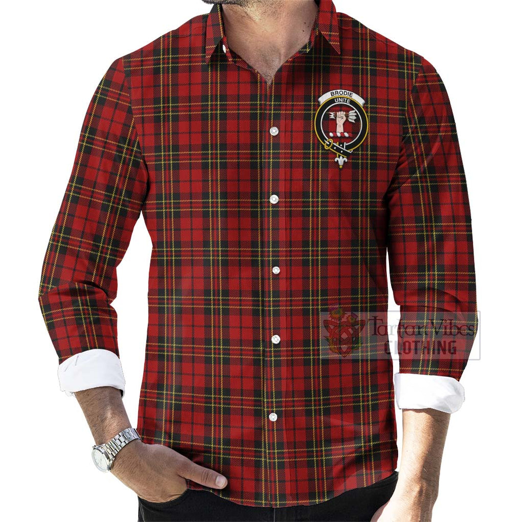 Tartan Vibes Clothing Brodie Tartan Long Sleeve Button Shirt with Family Crest Celtic Skull Style