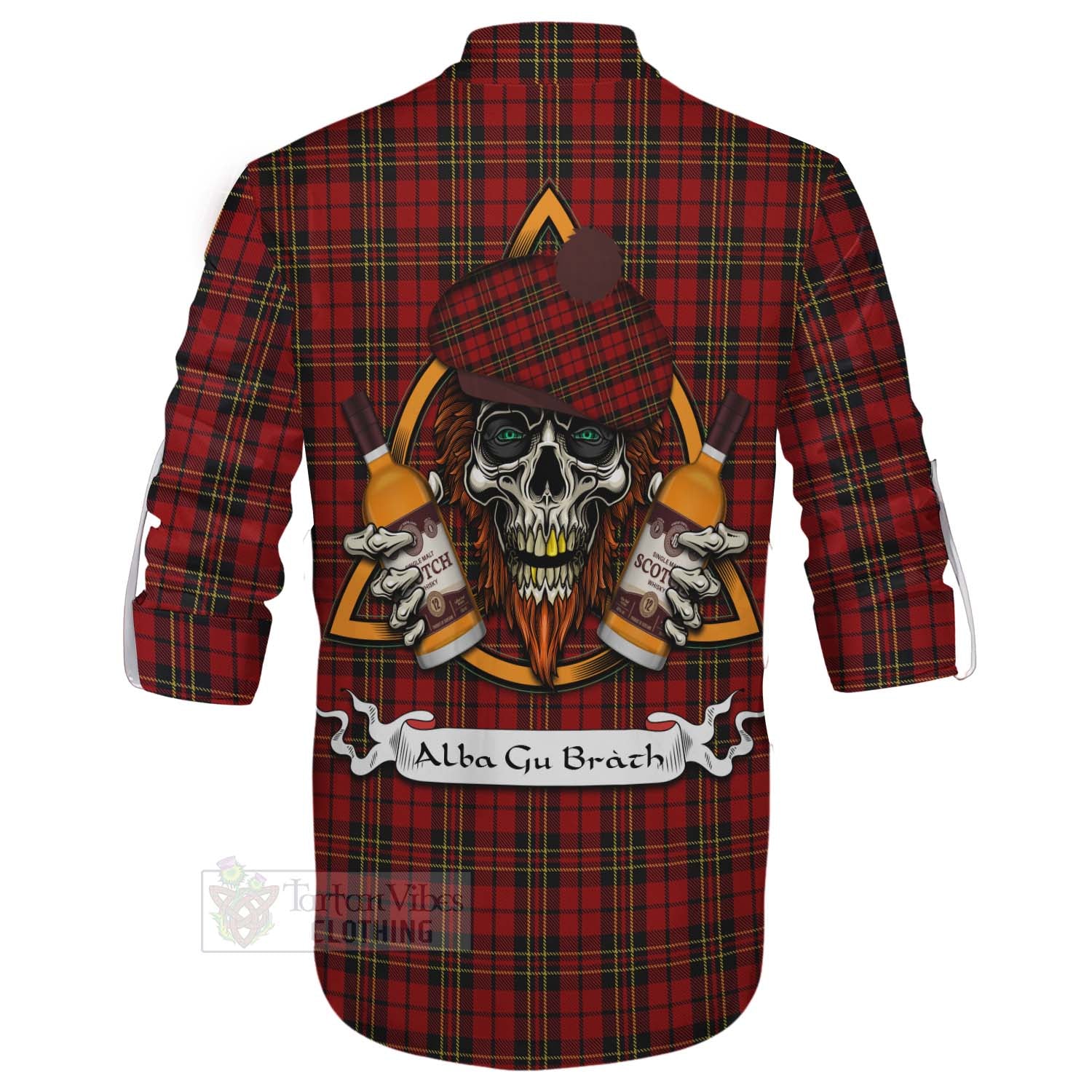 Tartan Vibes Clothing Brodie Tartan Ghillie Kilt Shirt with Family Crest and Bearded Skull Holding Bottles of Whiskey