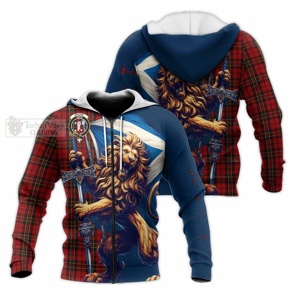 Tartan Vibes Clothing Brodie Tartan Family Crest Knitted Hoodie with Scottish Majestic Lion