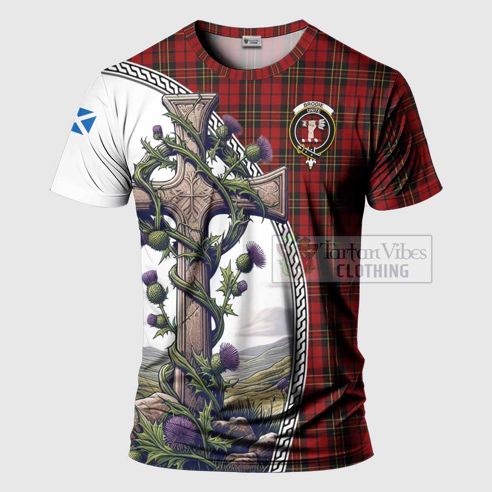 Tartan Vibes Clothing Brodie Agnew Tartan T-Shirt with Family Crest and St. Andrew's Cross Accented by Thistle Vines