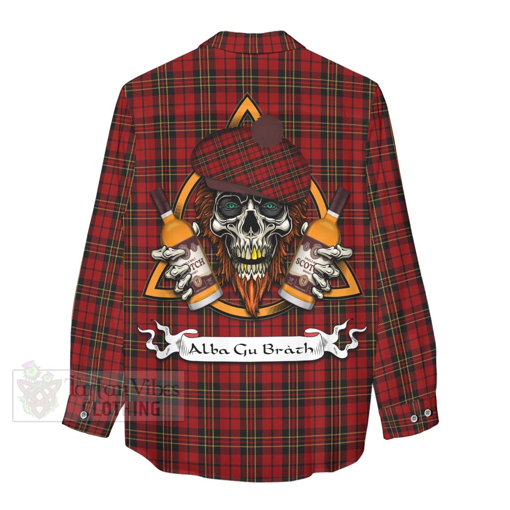 Tartan Vibes Clothing Brodie Tartan Women's Casual Shirt with Family Crest and Bearded Skull Holding Bottles of Whiskey