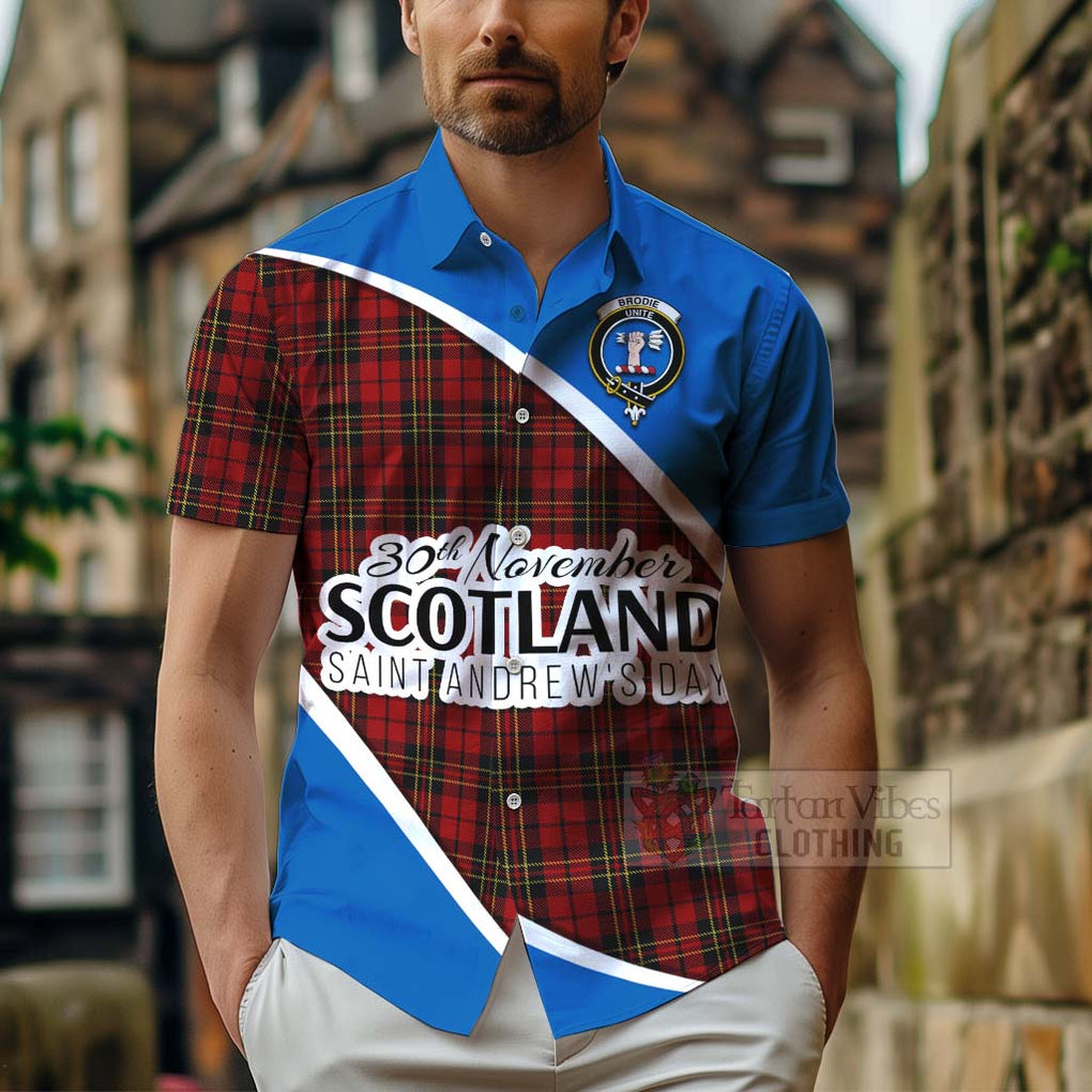 Tartan Vibes Clothing Brodie Family Crest Tartan Short Sleeve Button Shirt Celebrate Saint Andrew's Day in Style