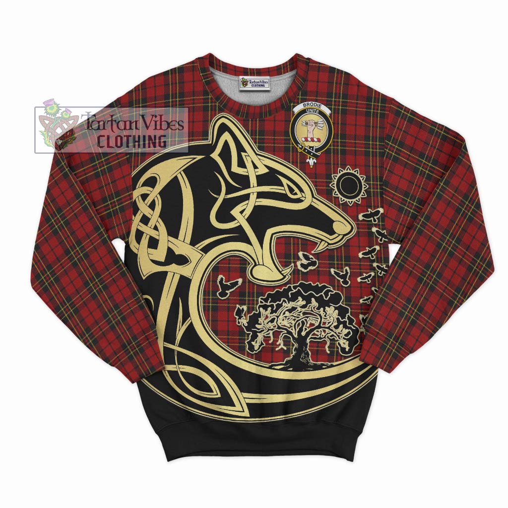 Tartan Vibes Clothing Brodie Tartan Sweatshirt with Family Crest Celtic Wolf Style